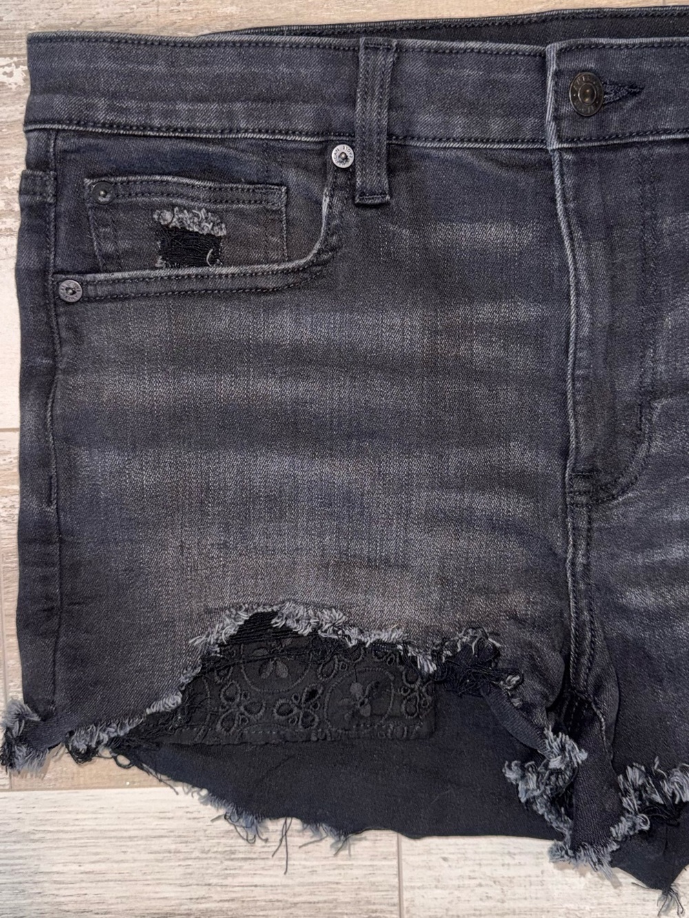 American Eagle Next Level Stretch Black Distressed Floral Eyelet Denim Shorts - Picture 4 of 10